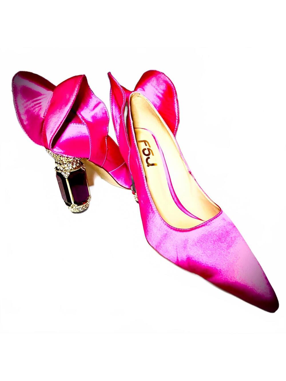 FSJ Fuchsia satin pumps with purple glam heal - Picture 5 of 8